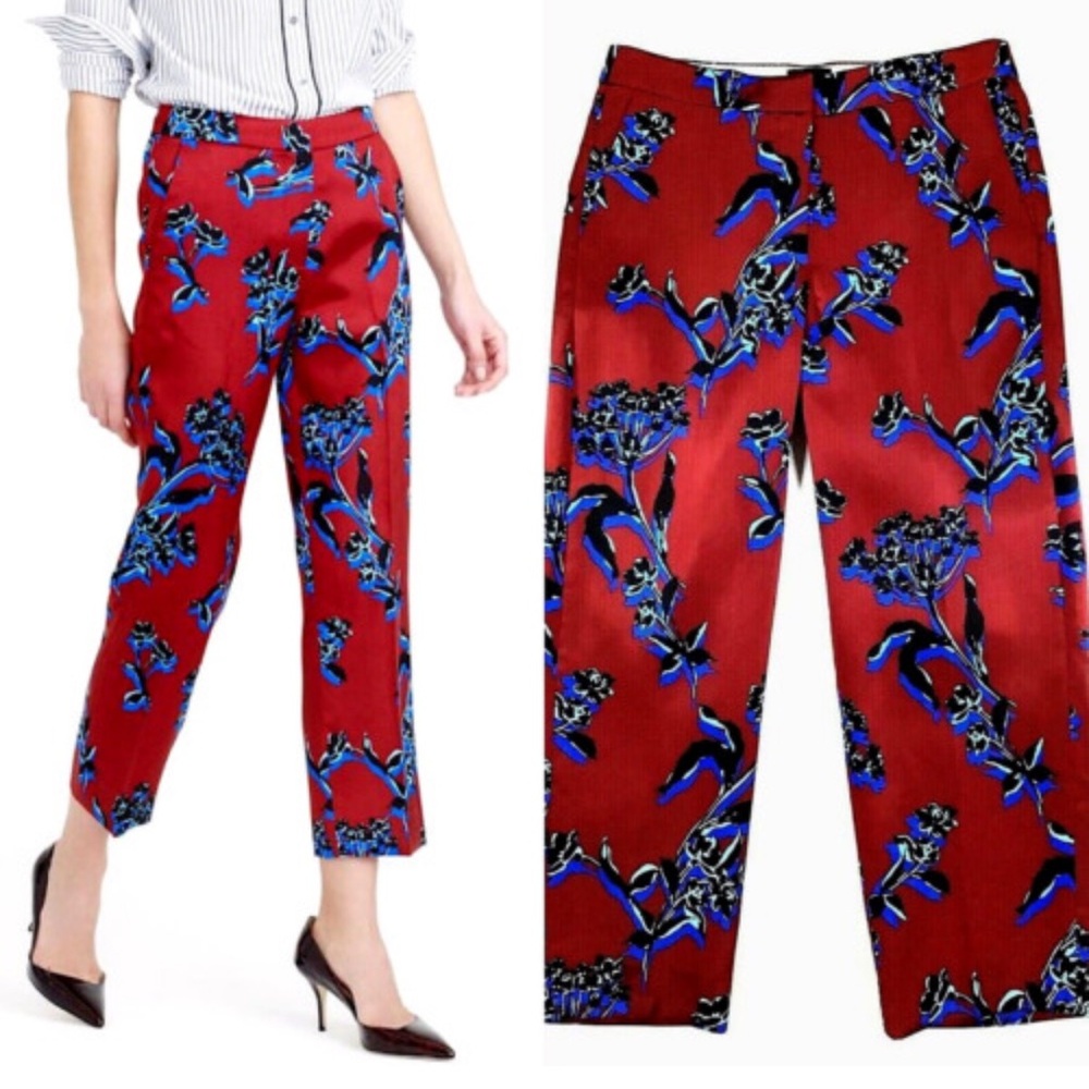 J. Crew Silk/ Wool Blend Burgundy & Blue Floral Flat Front Straight Leg Pants, 6